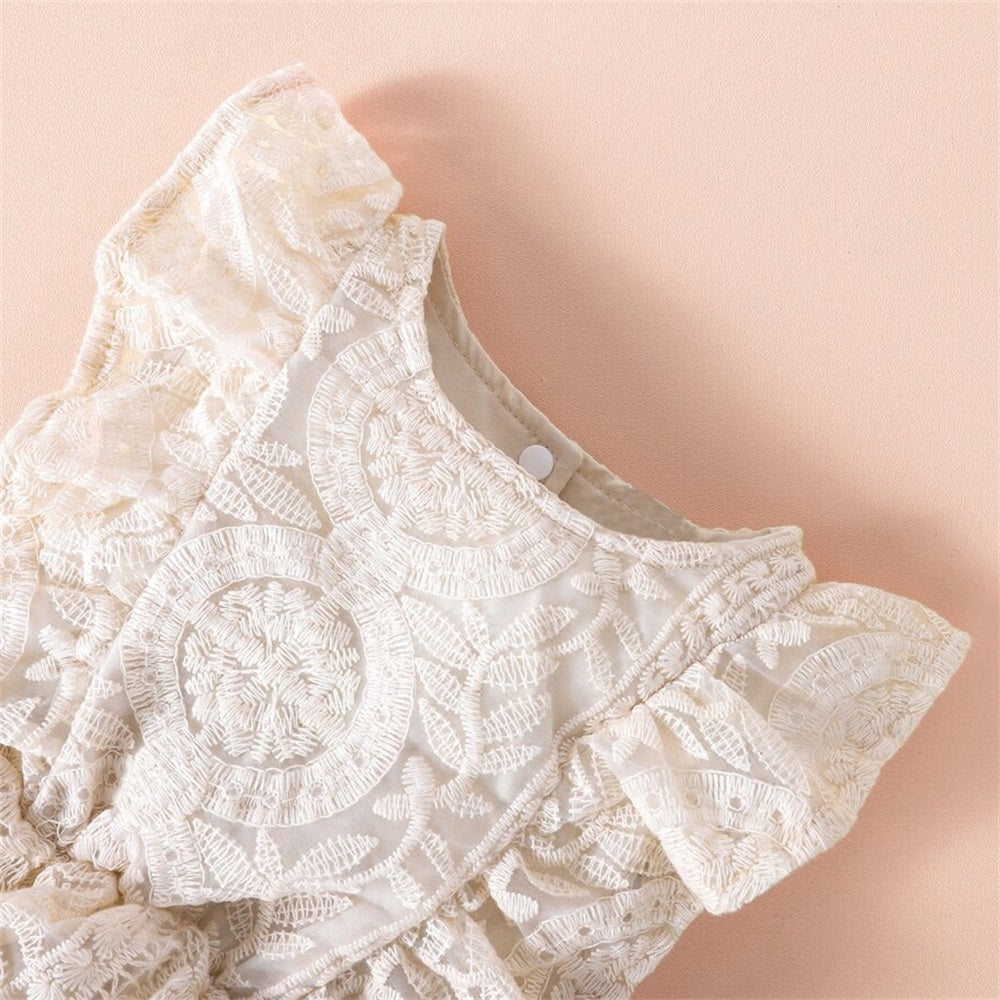 Floral Embroidery Ruffle Trim Sleeveless Schiffy Baby Romper