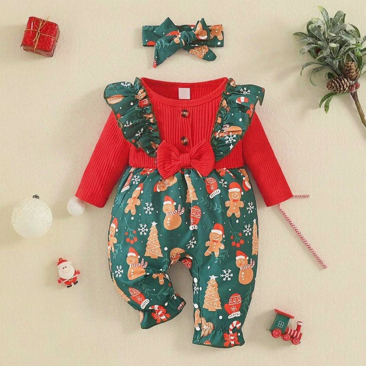 2PCS Sweet Christmas Print Long Sleeve Baby Girl Jumpsuit