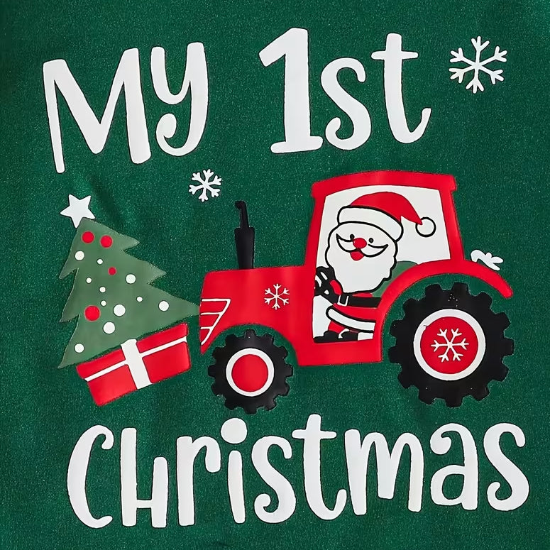 3PCS Cozy My 1st Christmas Letter Tractor Tree Printed Baby Boy Set