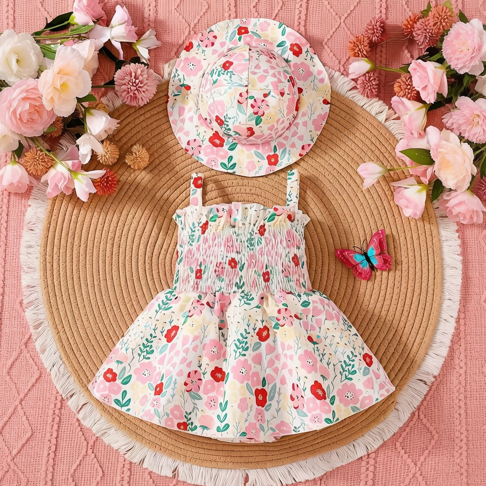2PCS Gorgeous Floral Print Sleeveless Baby Romper With Hat
