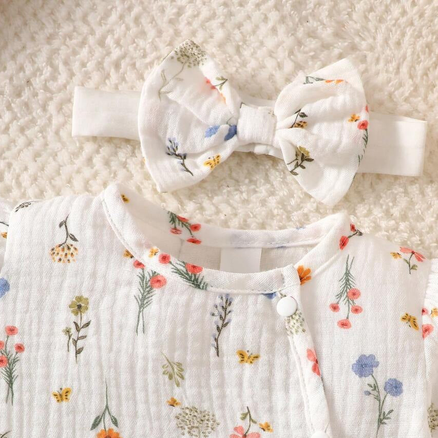 2PCS Exquisite Floral Print Short Sleeve Baby Jumpsuit