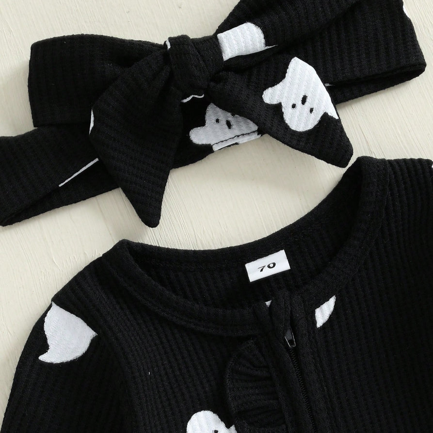2PCS Halloween Ghost Printed Zipper Baby Jumpsuit