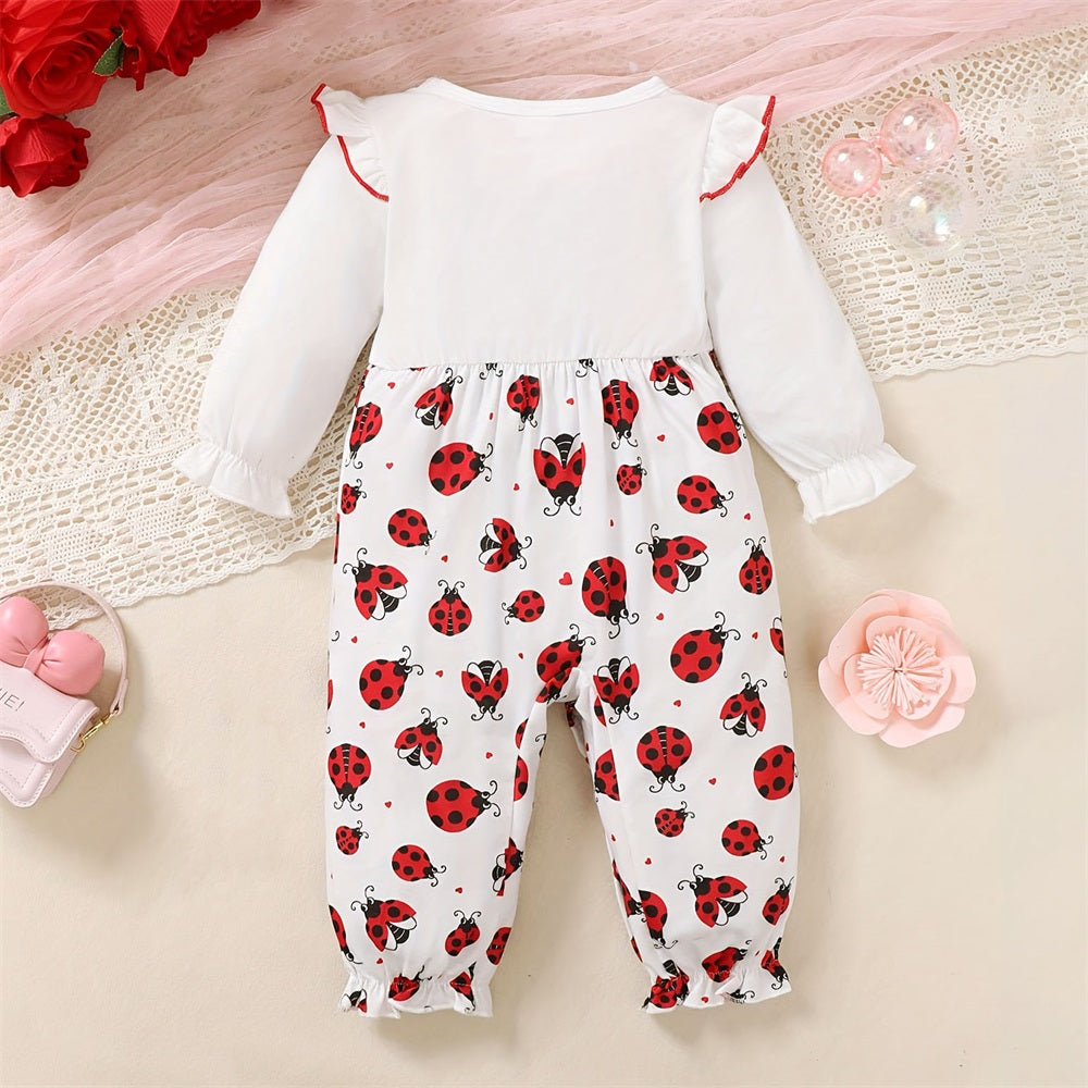 Little Girl Letter Ladybug Print Long Sleeve Baby Jumpsuit