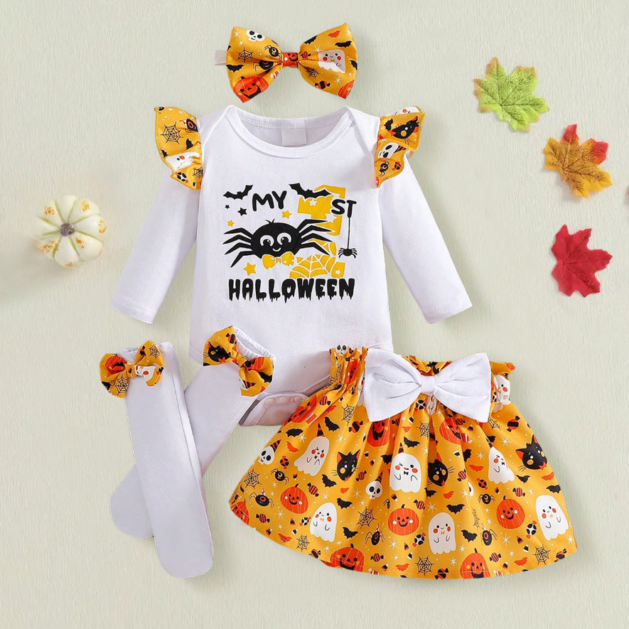 4PCS My 1st Halloween Letter Pumpkin Printed Baby Skirt Set