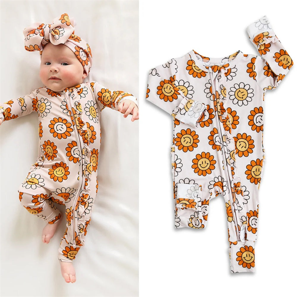 2PCS Cute Floral Print Long Sleeve Zipper Baby Jumpsuit