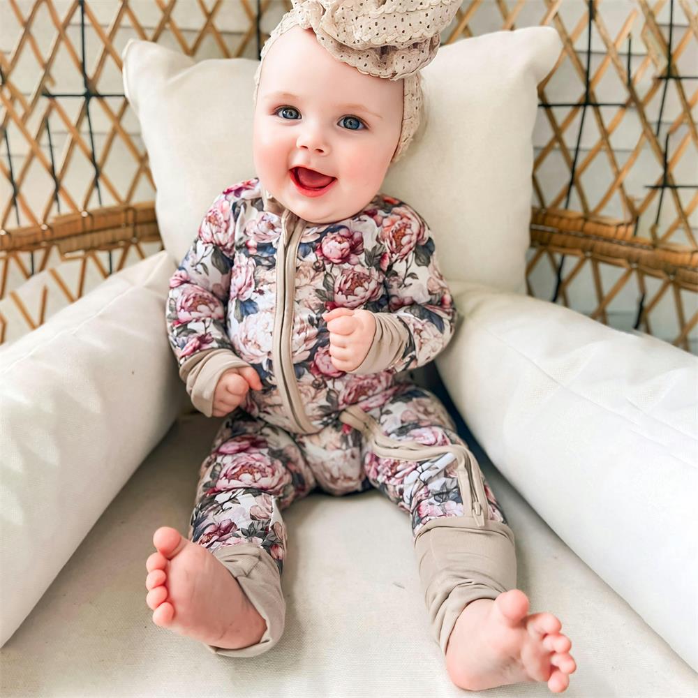 Stylish Floral Print Long Sleeve Zipper Baby Jumpsuit