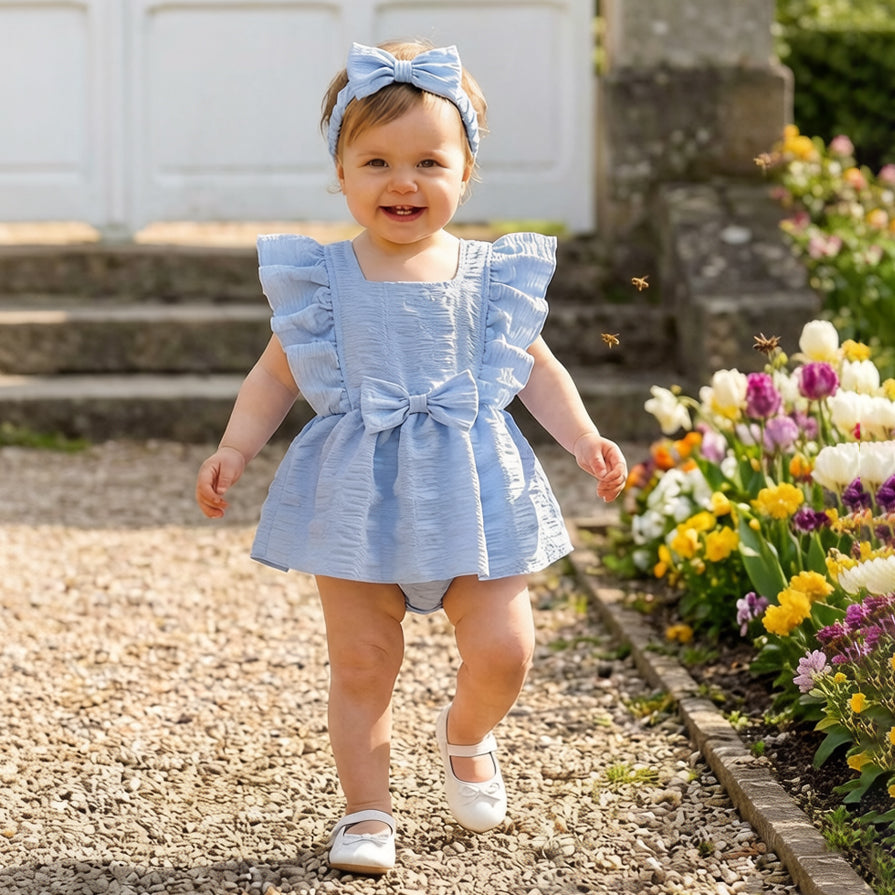 2PCS Cozy Solid Color Bowknot Flutter Sleeve Baby Romper