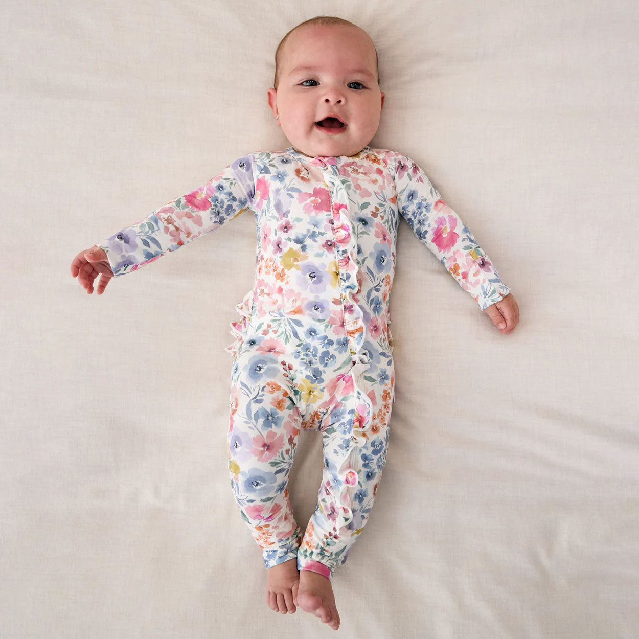 Allover Floral Print Ruffle Zipper Long Sleeve Baby Jumpsuit