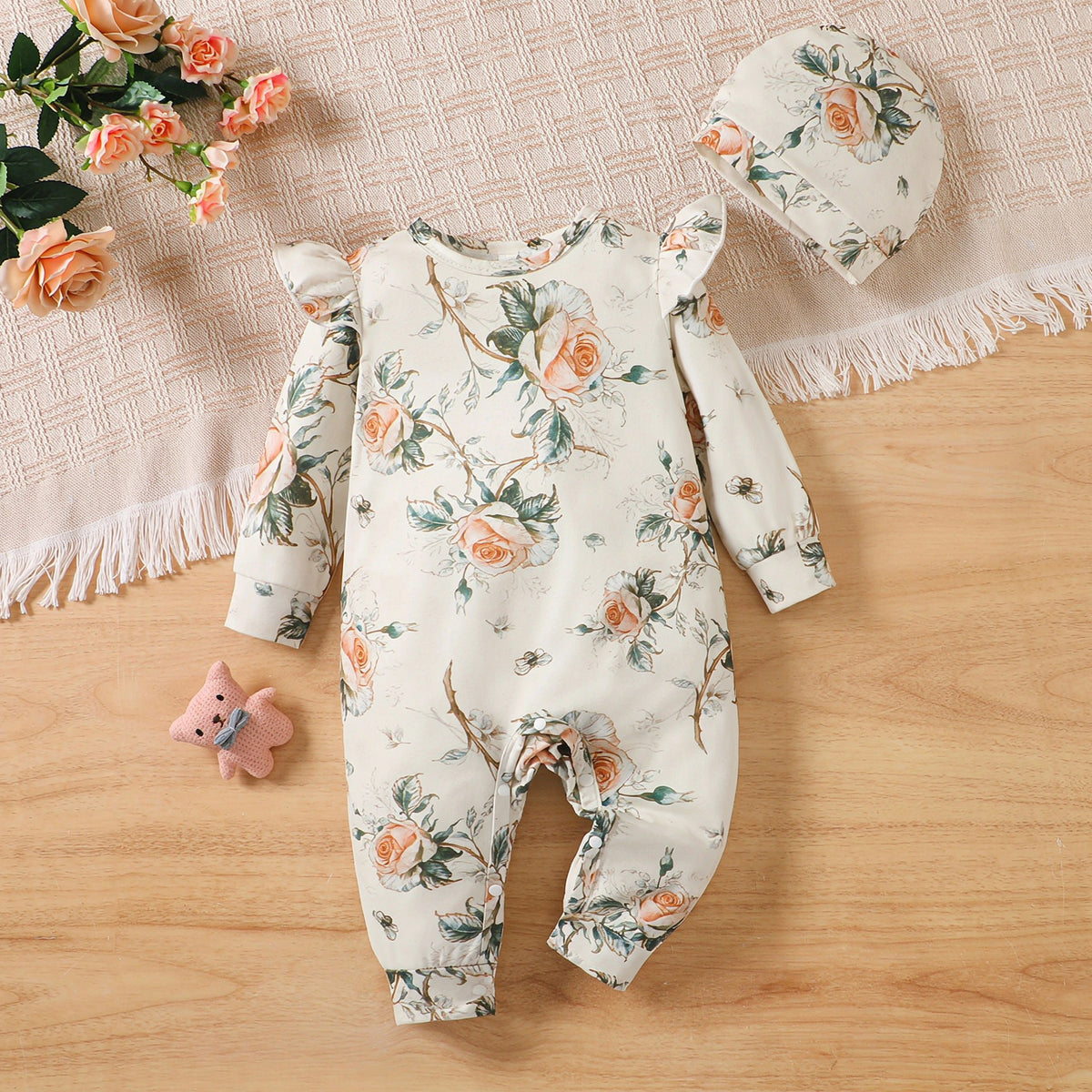 2PCS Vintage Floral Print Long Sleeve Baby Girl Jumpsuit