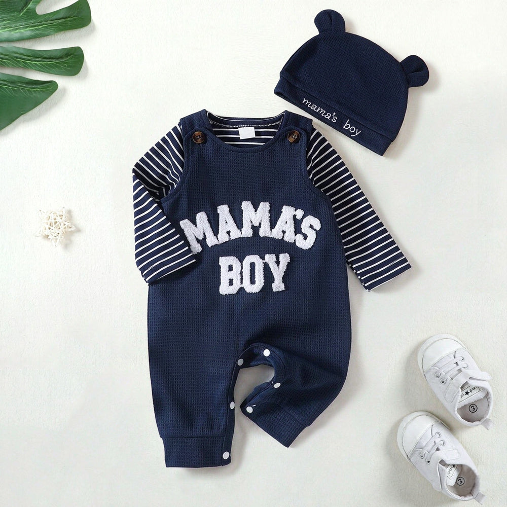 3PCS Mama's Boy Letter Applique Stripe Print Long Sleeve Baby Overalls Set