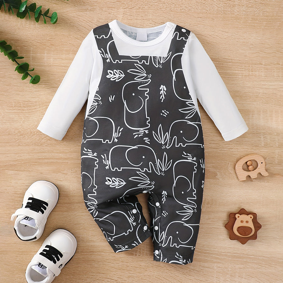 Cute Elephant Lines Printed Long Sleeve Baby Jumpsuit