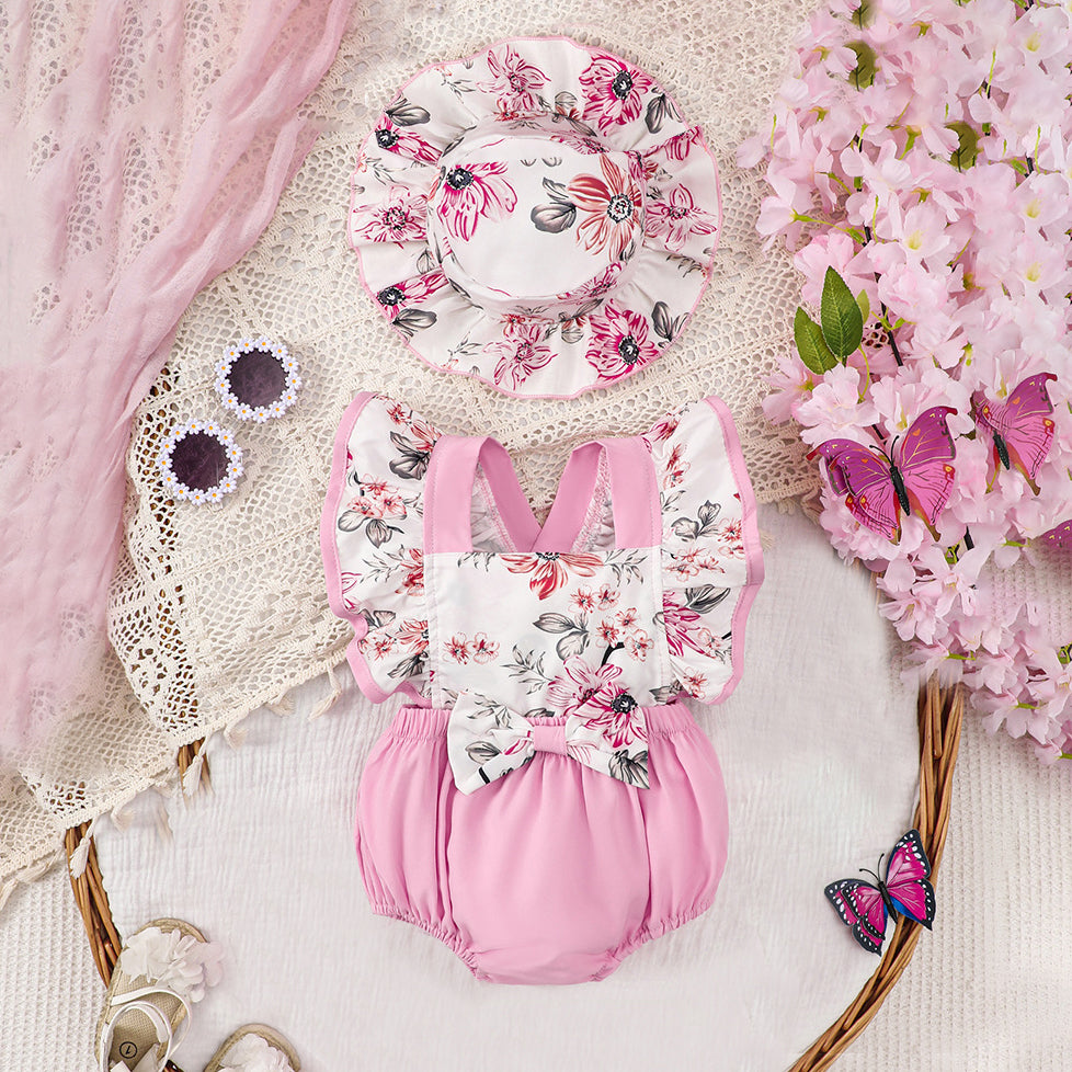 2PCS Sweet Floral Printed Bow Decoration Sleeveless Baby Romper