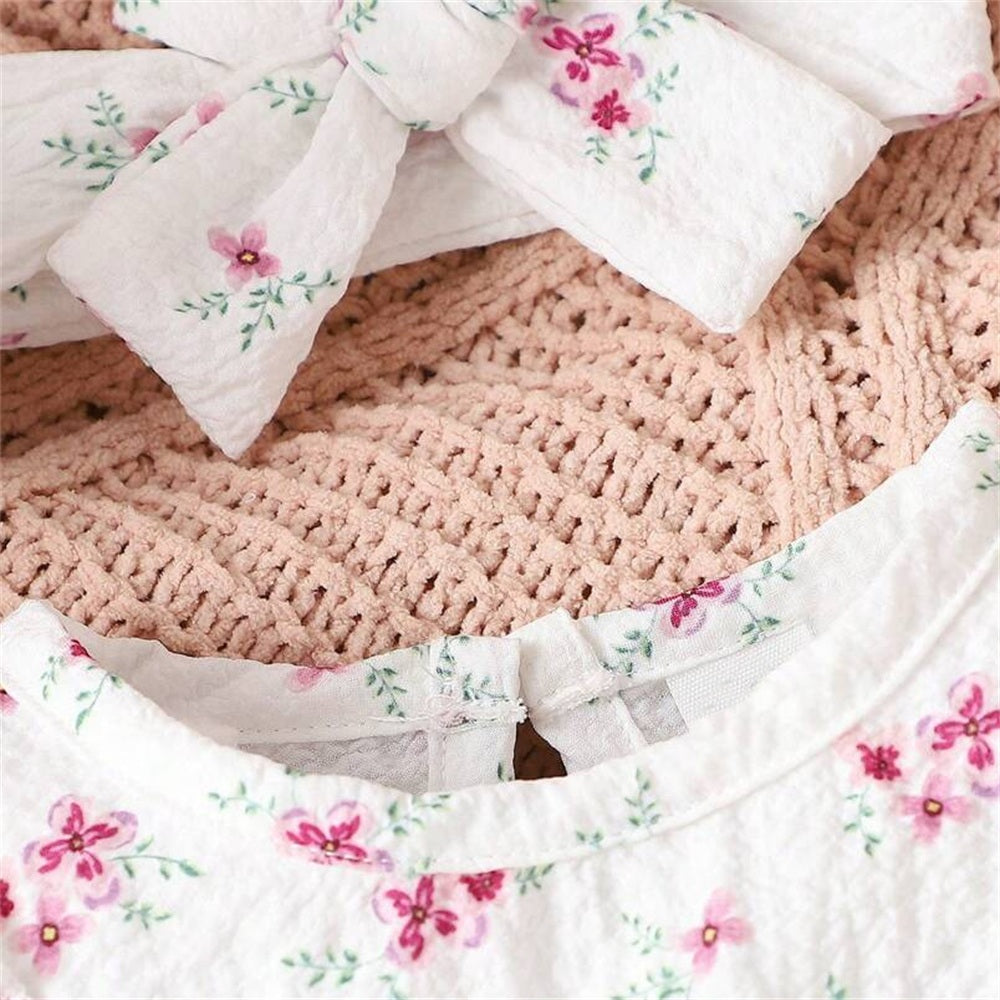 2PCS Cheerful Floral Print Ruffle Long Sleeve Baby Jumpsuit