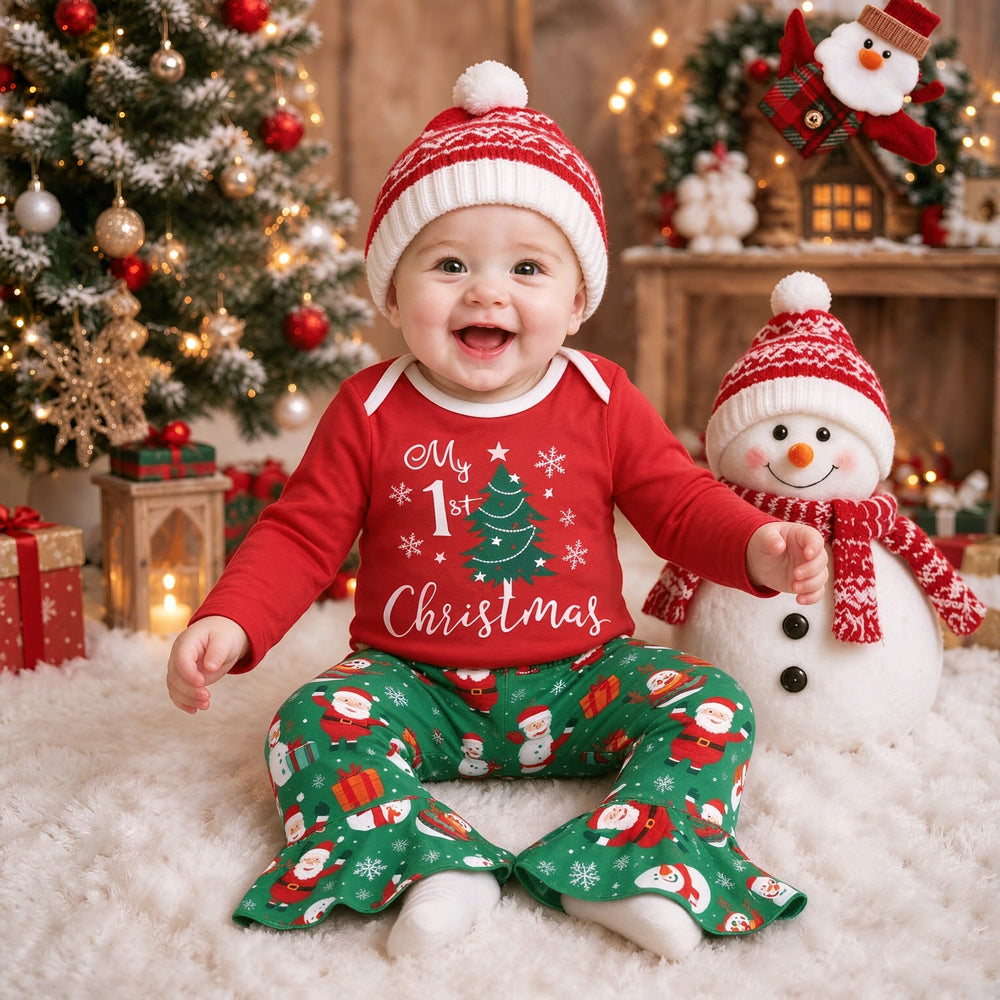2PCS Sweet My 1st Christmas Letter Holiday Print Baby Girl Set