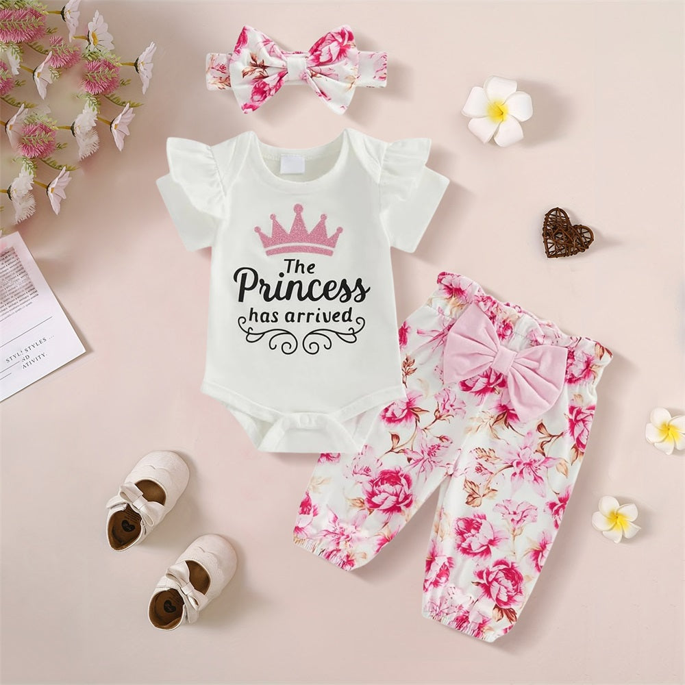 3PCS The Princess Has Arrived Letter Floral Print Short Sleeve Baby Set