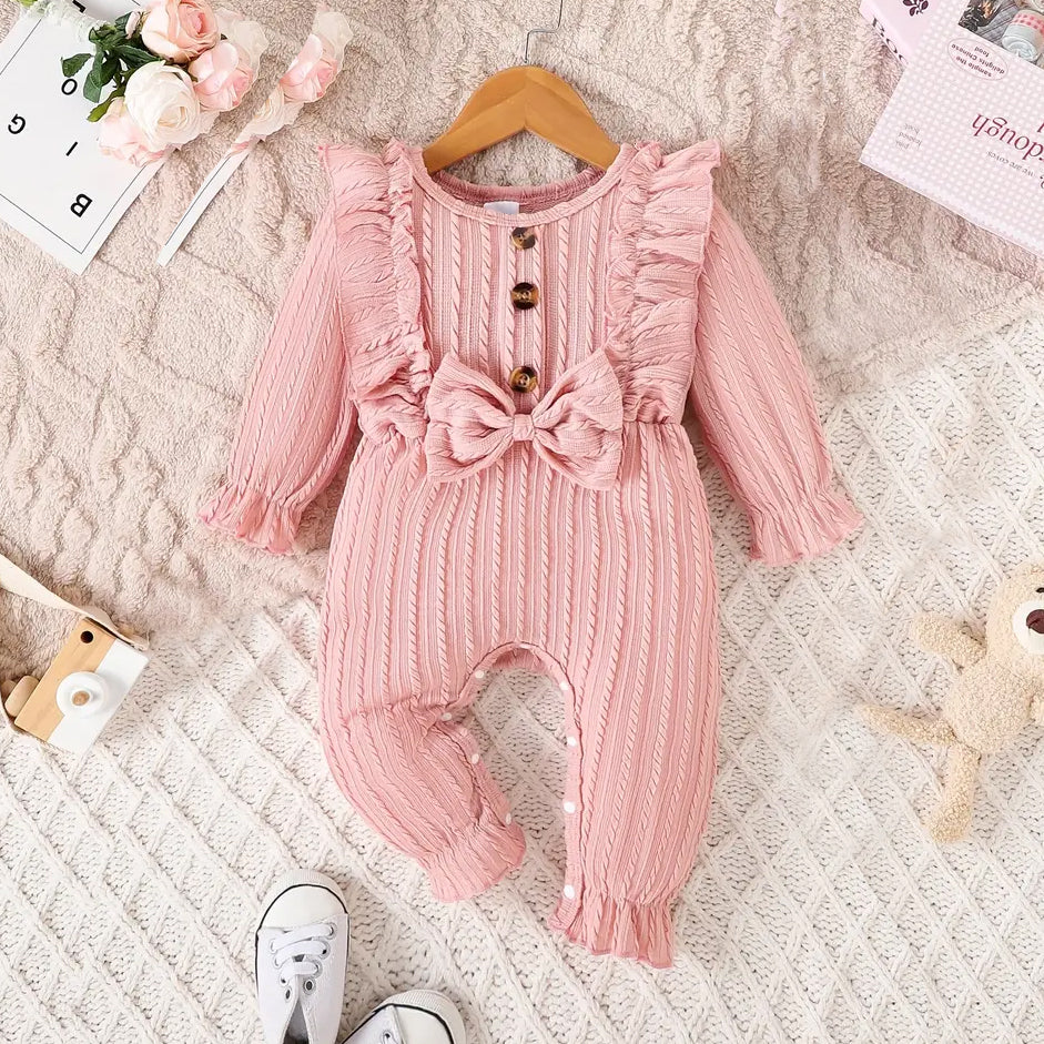 Sweet Solid Color Rib Fabric Long Sleeve Baby Jumpsuit