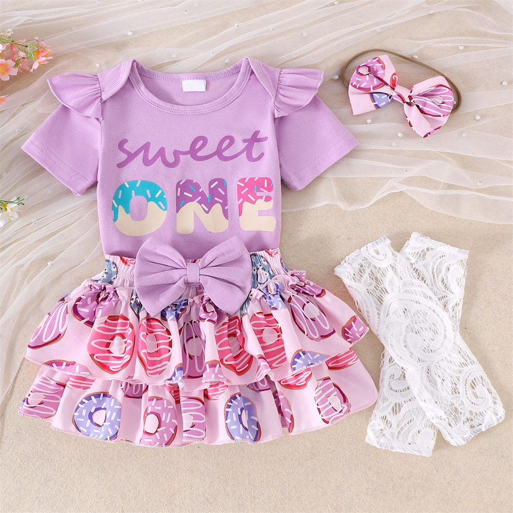 4PCS Sweet One Letter Donut Print Short Sleeve Baby Set