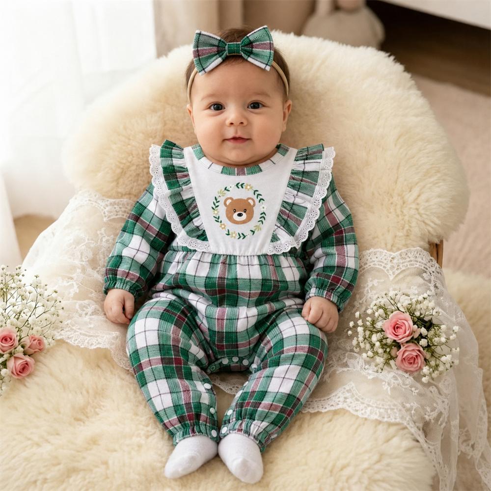 2PCS Adorable Bear Plaid Printed Long Sleeve Baby Jumpsuit