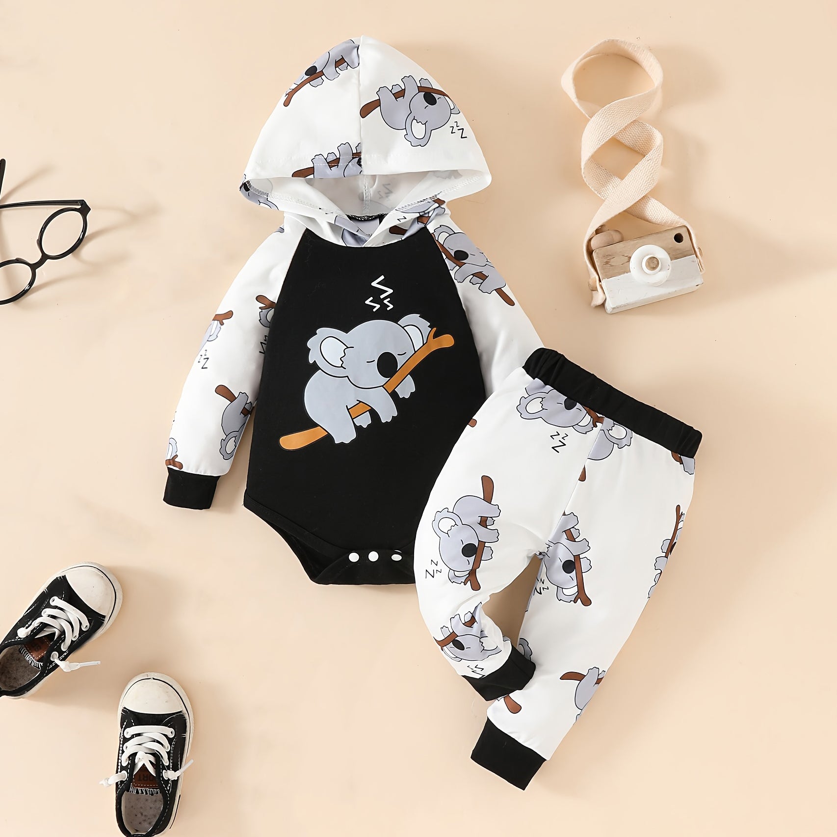 2PCS Sleeping Koala Printed Long Sleeve Hooded Baby Set