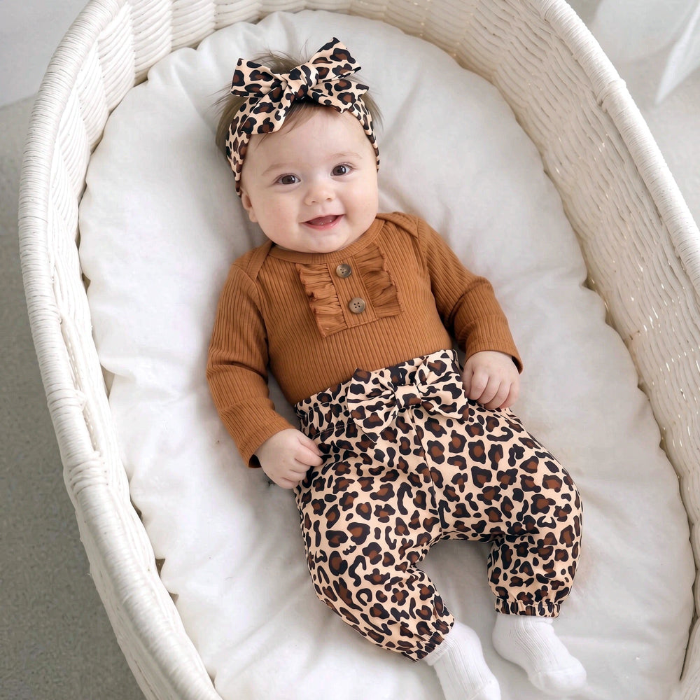 3PCS Casual Leopard Print Bow Long Sleeve Baby Girl Set