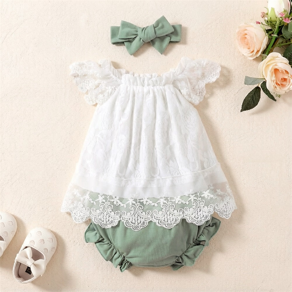 3PCS Contrast Lace Top and Frill Hem Shorts Baby Set