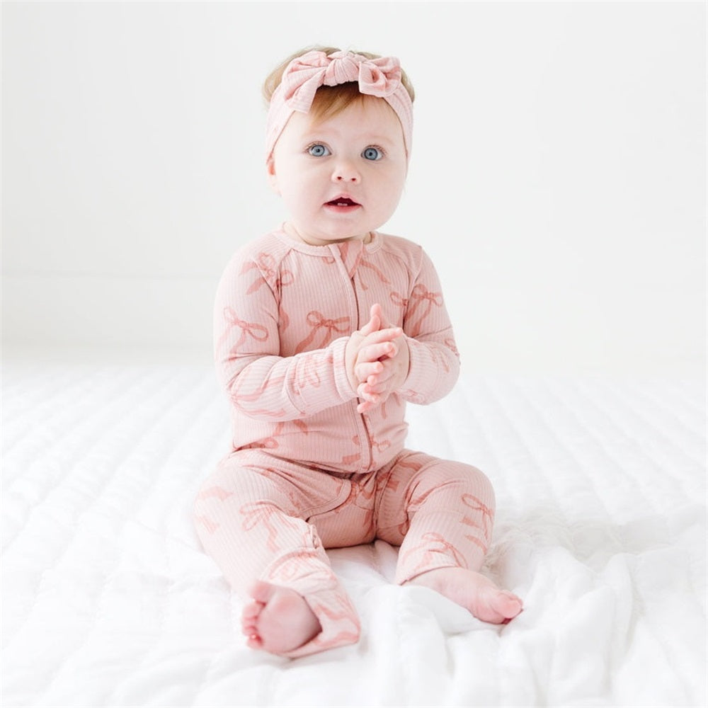 2PCS Bow Print Ribbed Zip Long Sleeve Baby Jumpsuit