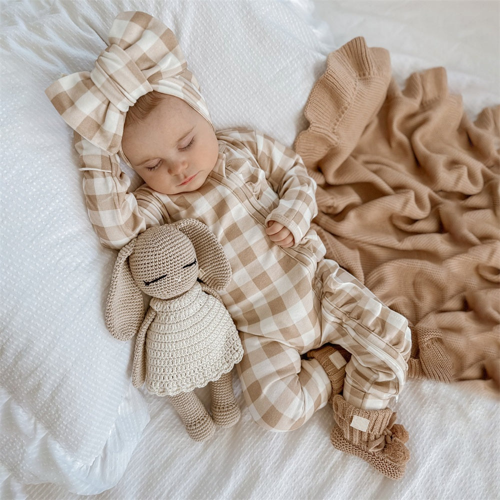 2PCS Casual Plaid Print Frill Zipper Long Sleeve Baby Jumpsuit