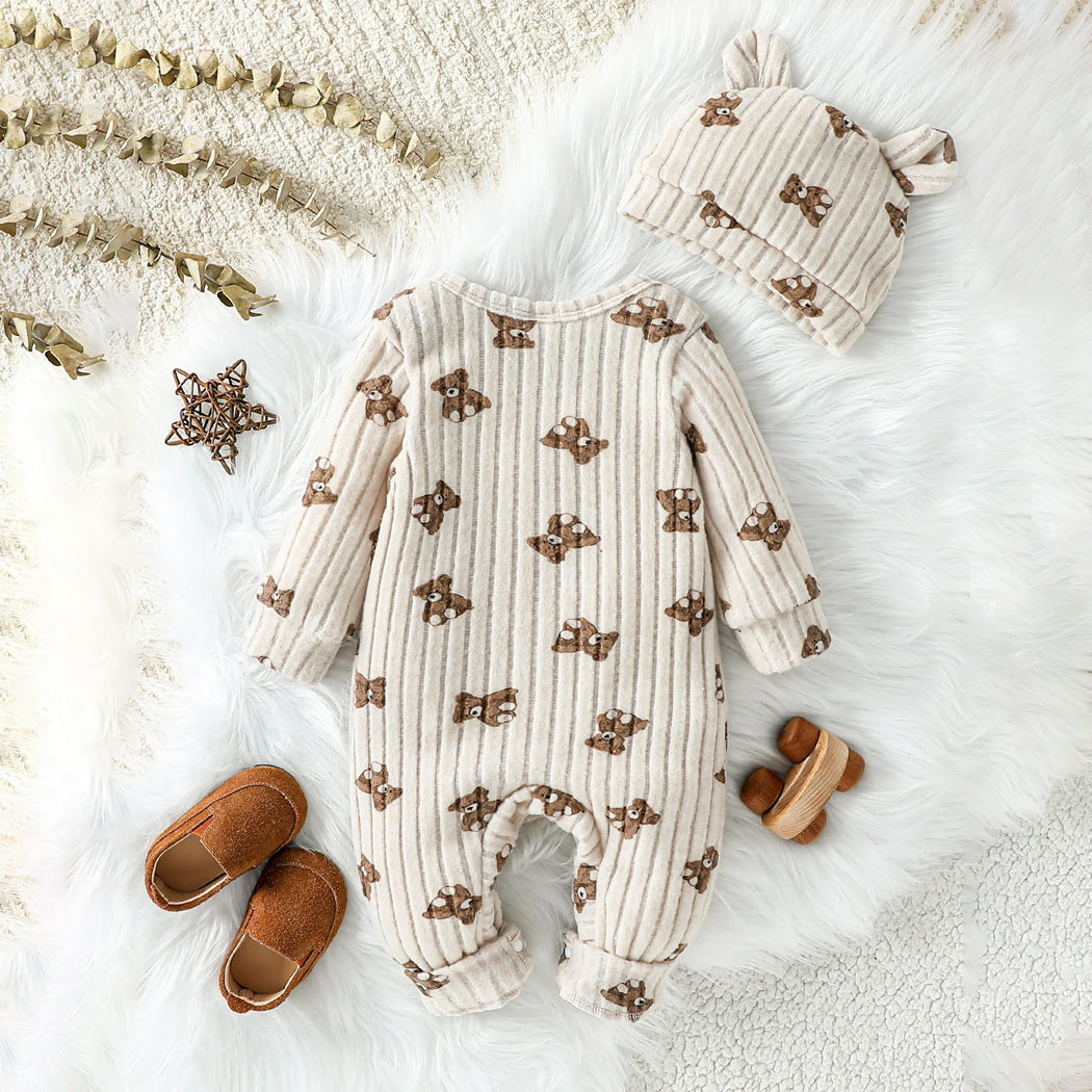 2PCS Stylish Bear Print Long Sleeve Baby Jumpsuit