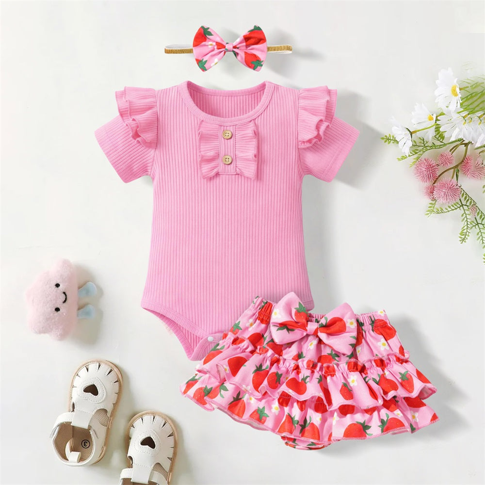 3PCS Summer Sweet Strawberry Printed Short Sleeve Baby Set