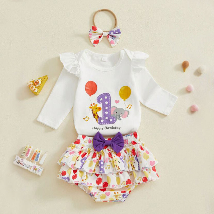 3PCS Happy Birthday Letter Animal Printed Baby Set