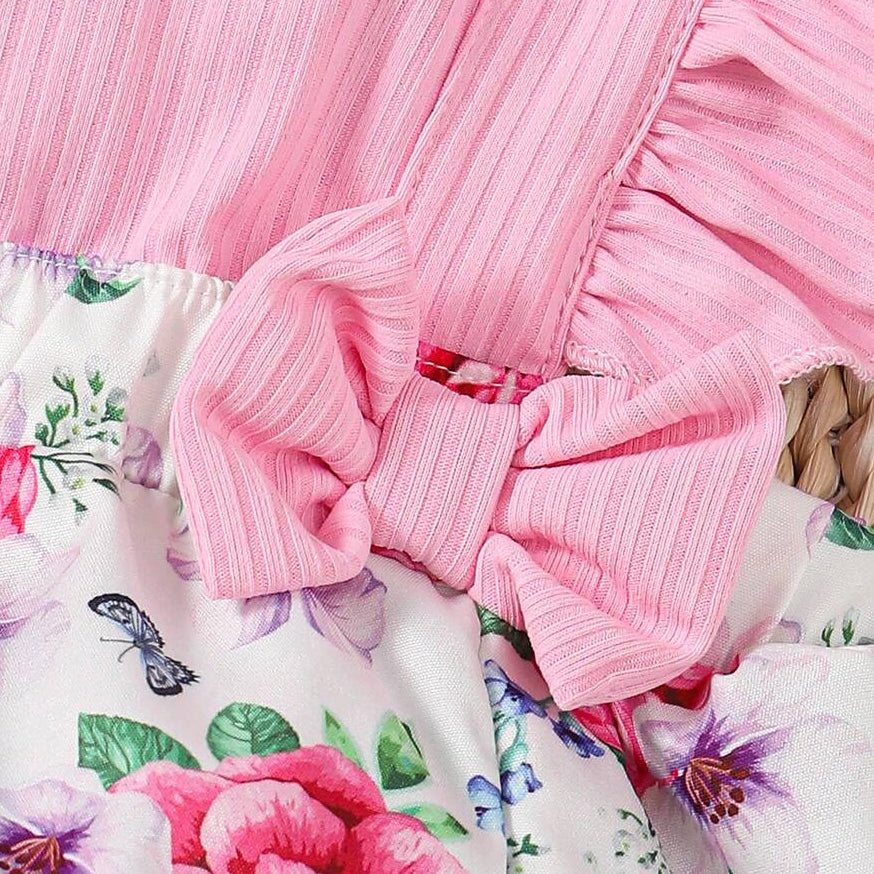 2PCS Playful Floral Print Bowknot Flutter Sleeve Baby Romper