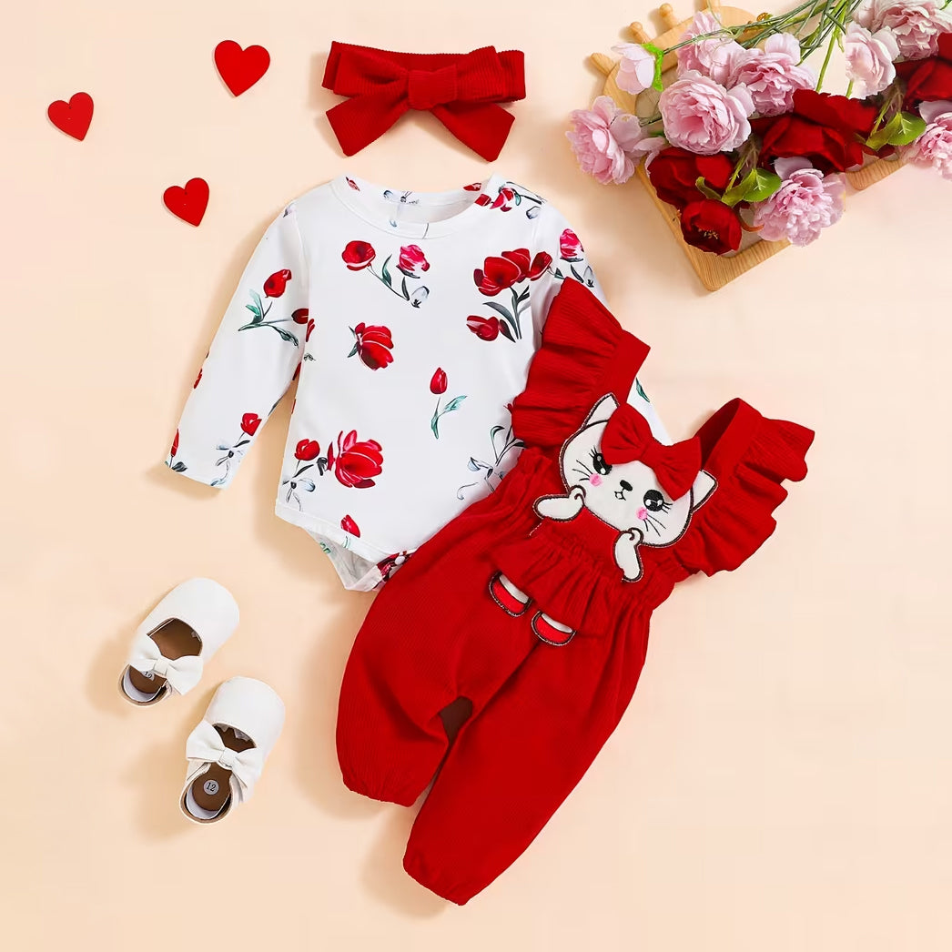3PCS Grace Cat Floral Printed Suspender Baby Set