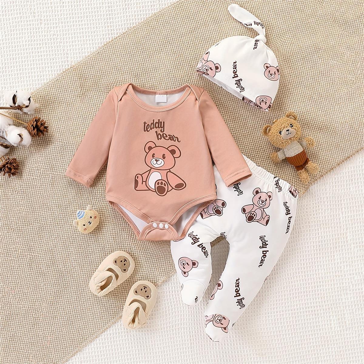 3PCS Cartoon Bear Printed Long Sleeve Baby Set