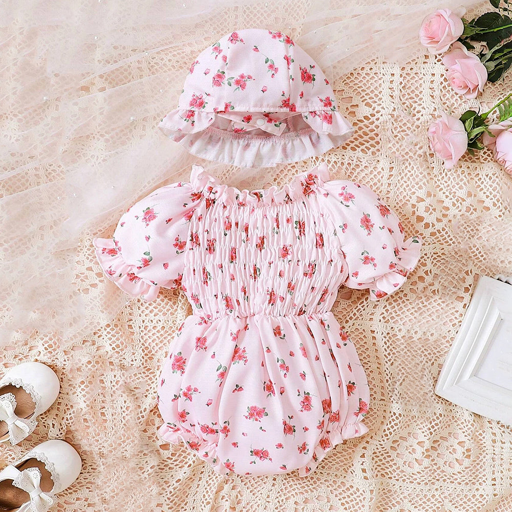 2PCS Sweet Allover Floral Printed Short Sleeve Baby Romper