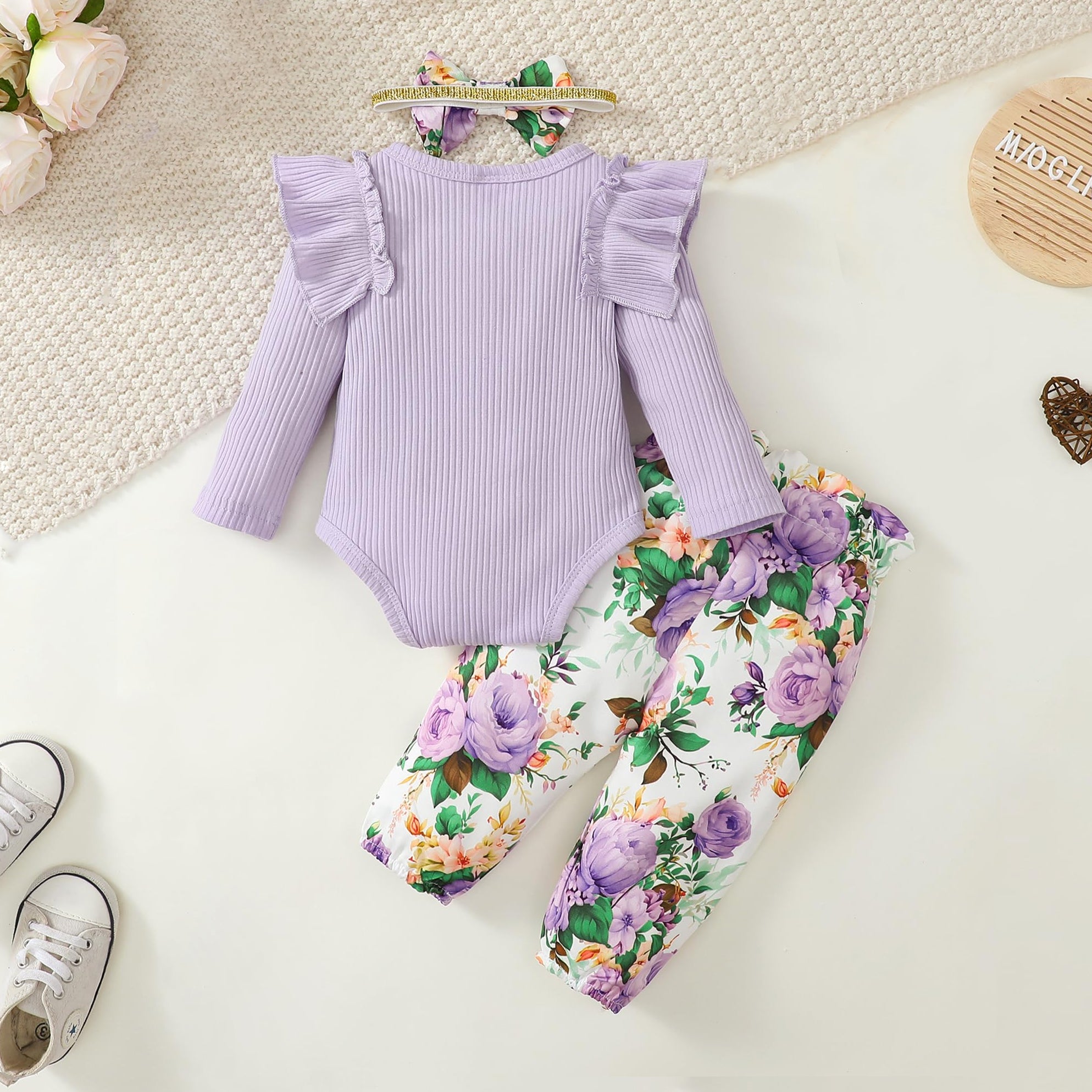 3PCS Trendy Floral Printed Bowknot Long Sleeve Baby Set