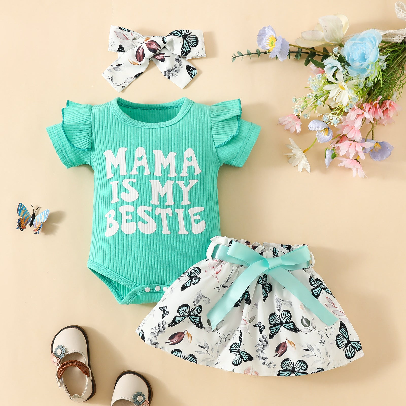 3PCS Mama Is My Bestie Butterfly Letter Printed Baby Skirt Set