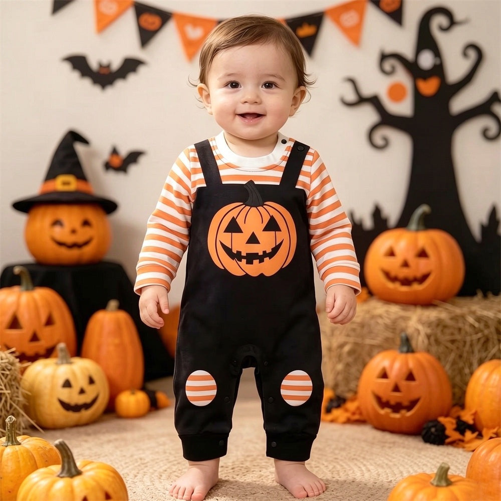 Adorable Halloween Pumpkin Stripe Print Long Sleeve Baby Jumpsuit