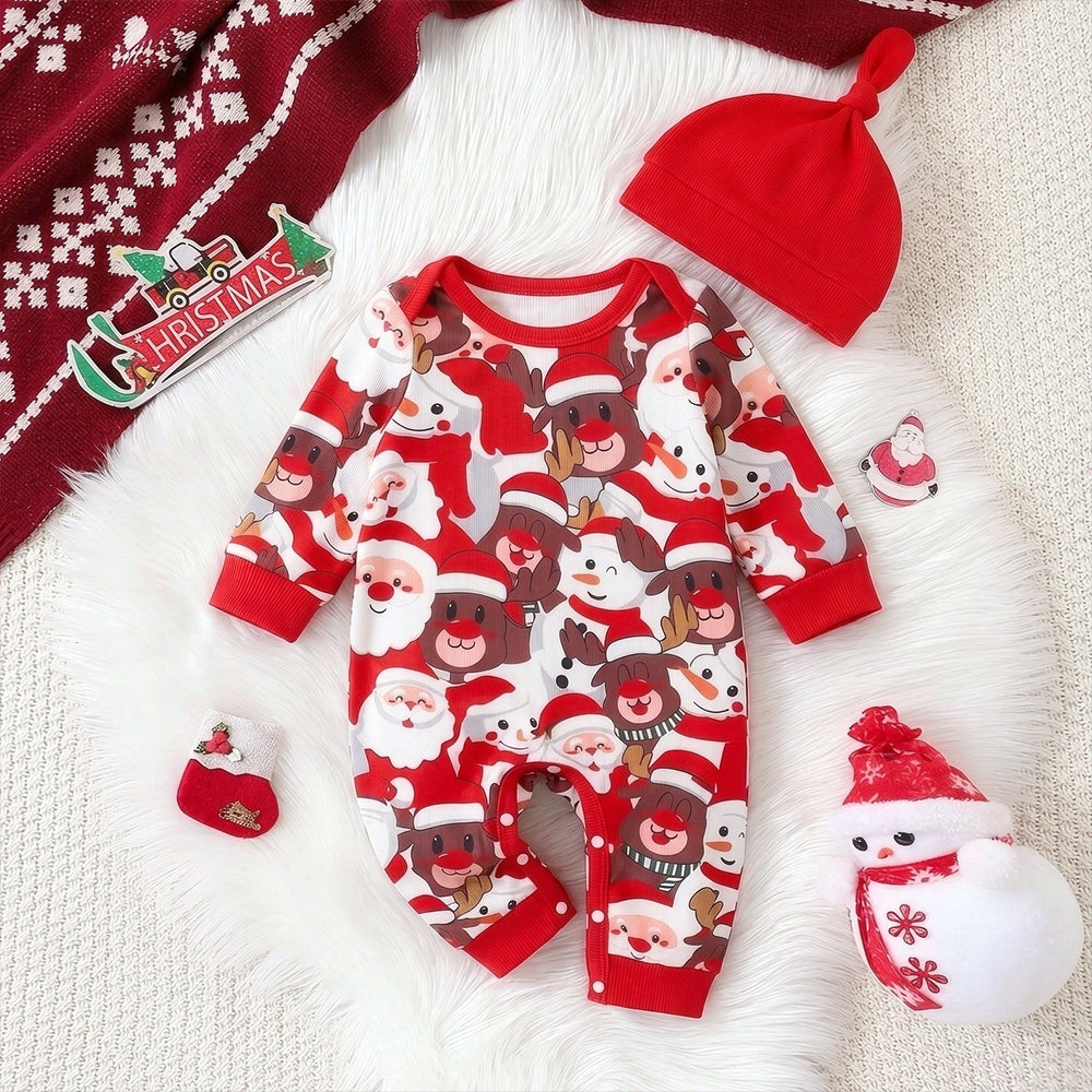 2PCS Cute Santa Snowman Print Long Sleeve Baby Christmas Jumpsuit