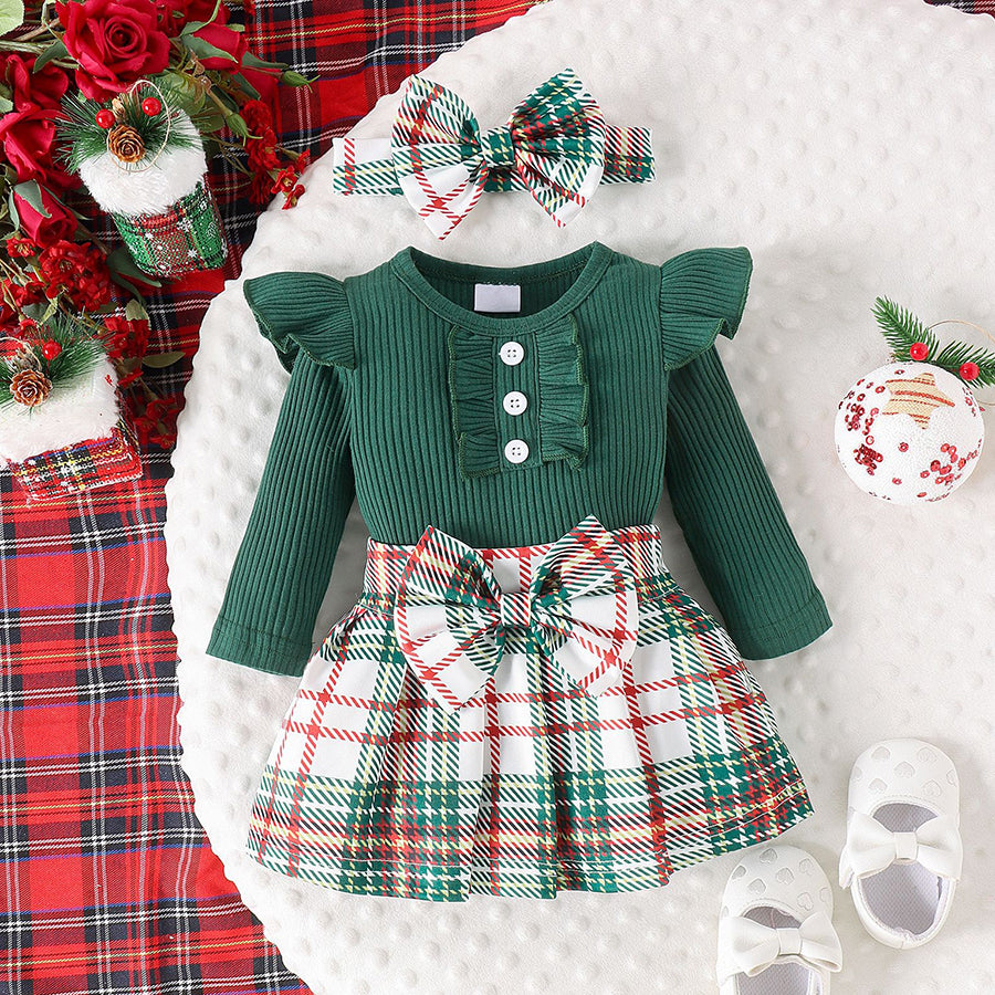 3PCS Stylish Plaid Printed Bow Long Sleeve Baby Set