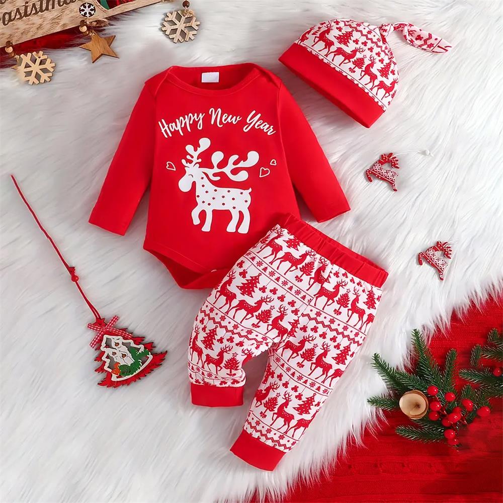 3PCS Happy New Year Letter Elk Print Long Sleeve Baby Set