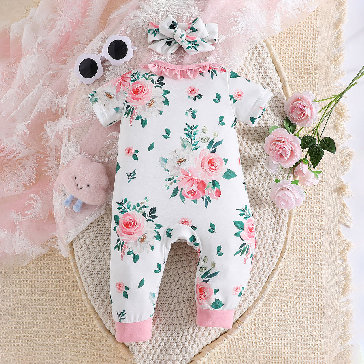2PCS Floral Printed Ruffle Decor Short Sleeve Baby Jumpsuit