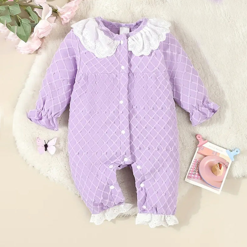 Cute Embroidery Ruffle Decor Textured Long Sleeve Baby Jumpsuit