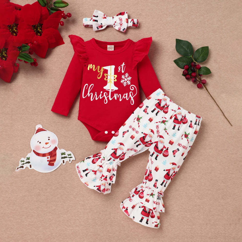 3PCS My 1st Christmas Letter Santa Claus Printed Long Sleeve Baby Set