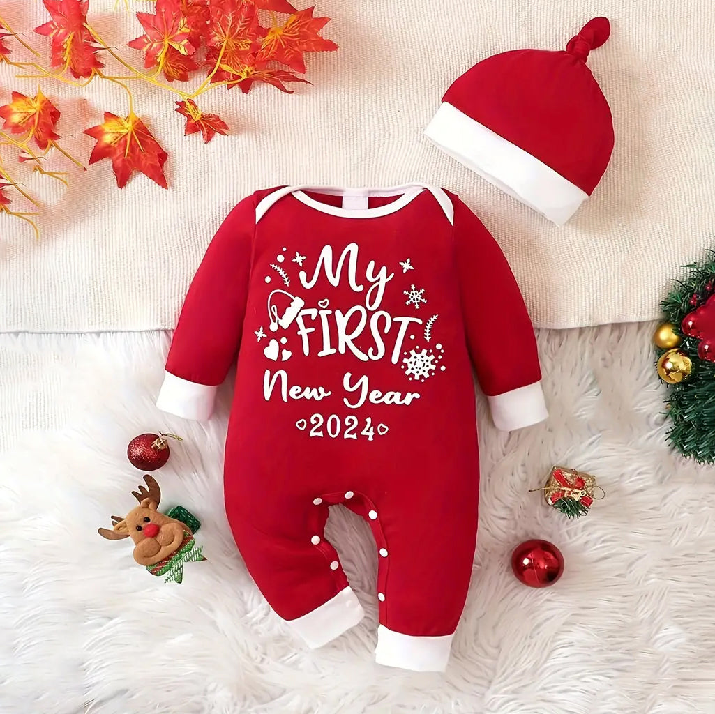 2PCS My First New Year 2024 Letter Printed Baby Jumpsuit