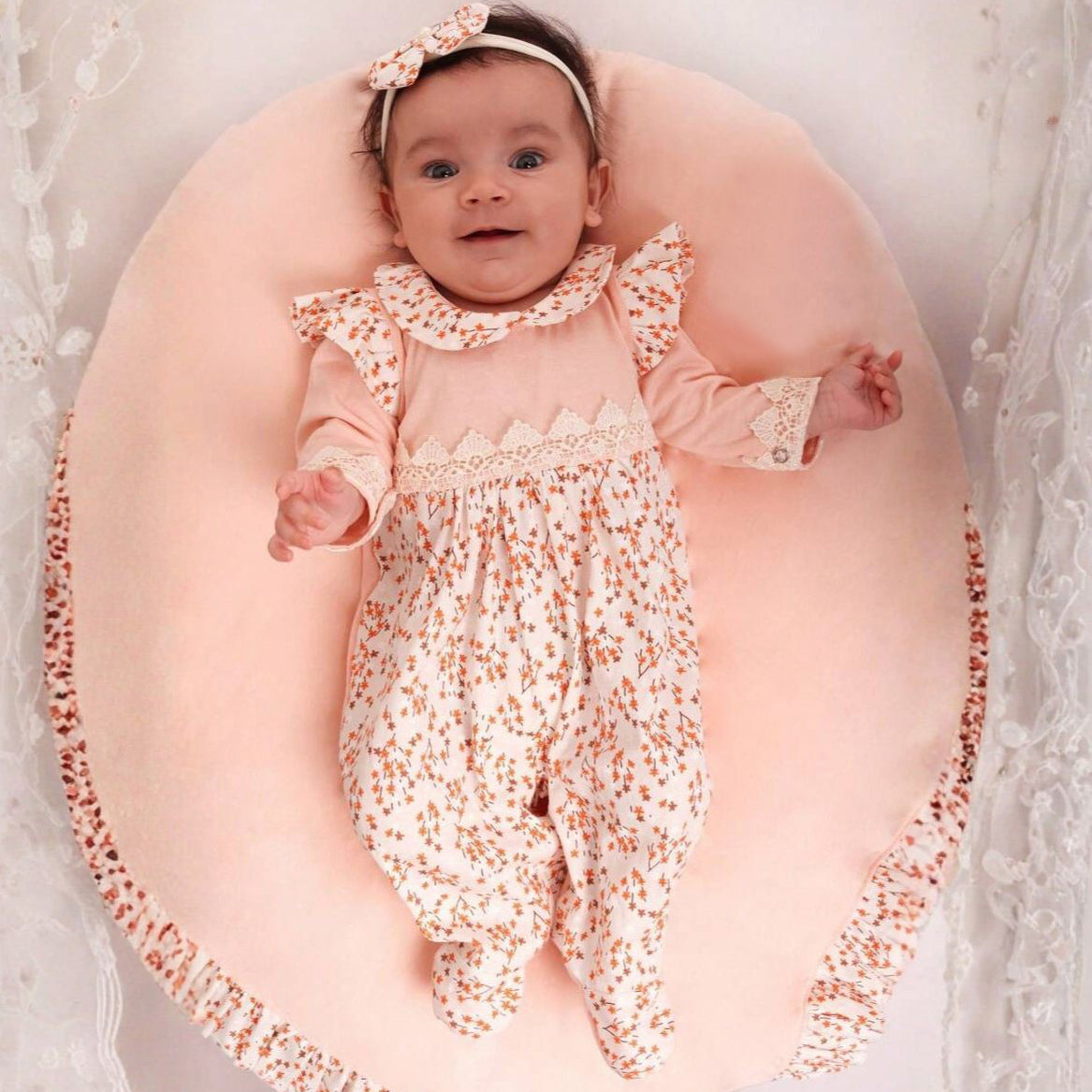 2PCS Adorable Floral Print Ruffle Long Sleeve Baby Jumpsuit