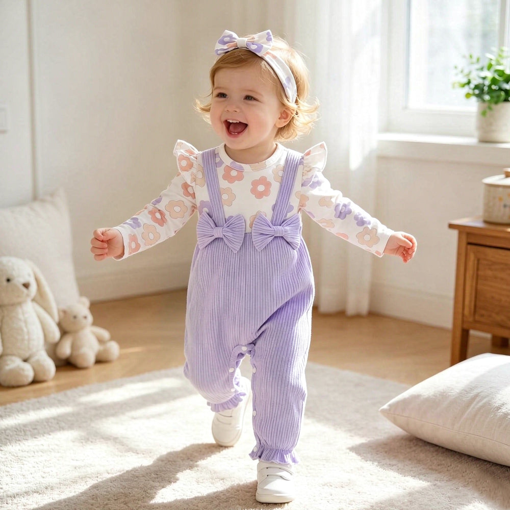 2PCS Elegant Floral Printed Long Sleeve Bow Baby Jumpsuit