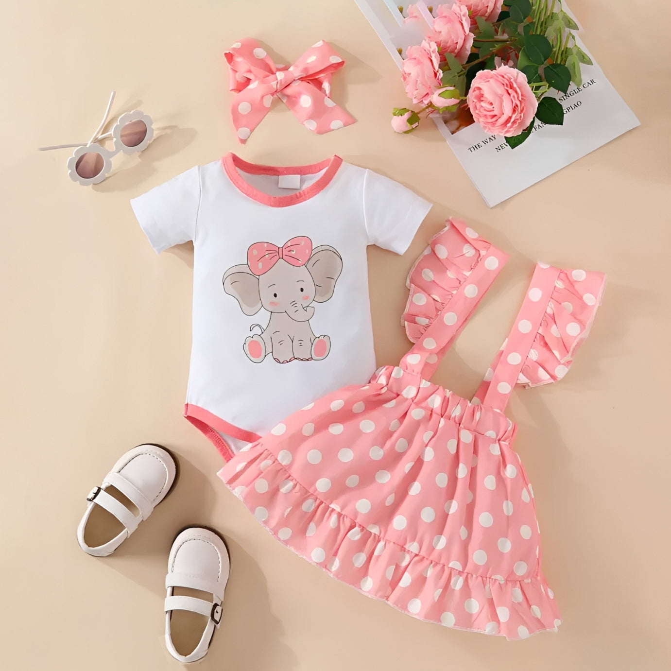 3PCS Sweet Elephant & Polka Dots Print Short Sleeve Baby Set