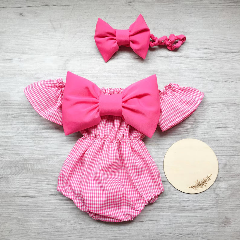2PCS Grace Plaid Printed Bowknot Decor Baby Romper