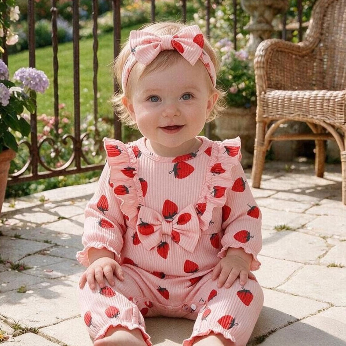 2PCS Bubbly Strawberry Print Long Sleeve Baby Girl Jumpsuit