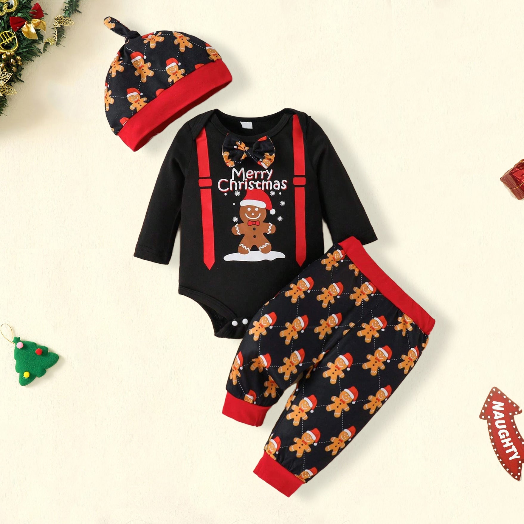 3PCS Merry Christmas Gingerbread Printed Long Sleeve Baby Set